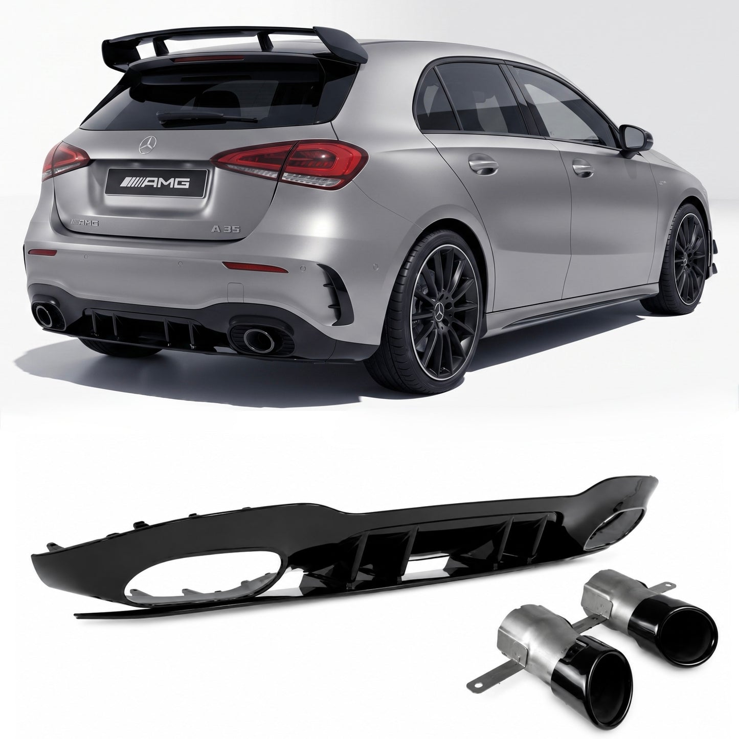 Diffusore posteriore stile A35 AMG per Mercedes Classe A W177 Sedan/Berlina (nero lucido)